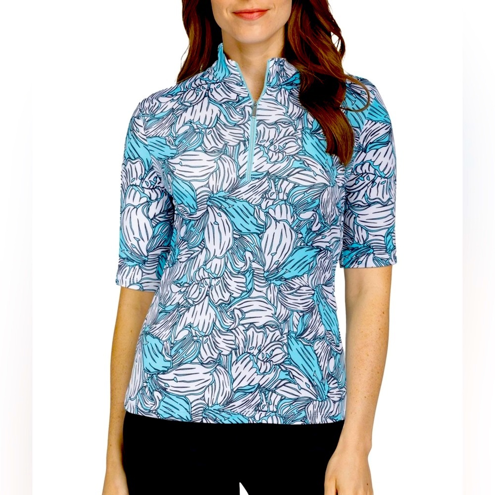 NWT • TAIL • Women’s Mock Neck, Elbow Sleeve Top • Curved Hem • Size XS • 🩵🤍🖤
